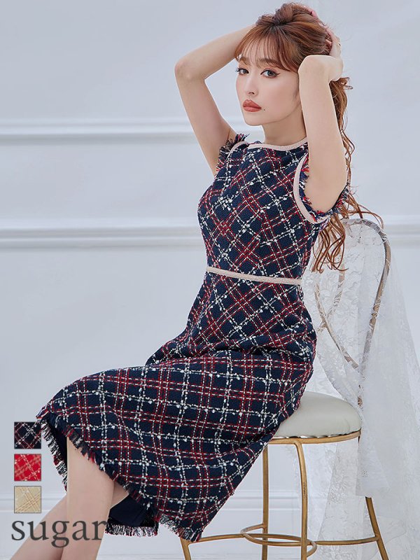 XSサイズあり【GINZA COUTURE/銀座クチュール】 ツイード/ ノースリーブ/ Aライン/ ワンピース/ ひざ丈/ ミディアムドレス/ キャバドレス　ネイビー