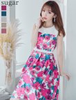 XS-Lサイズあり【GINZA COUTURE/銀座クチュール】フラワープリント/ ハイウエスト/ ノースリーブ/ フレア/ Aライン/ ひざ丈/ ワンピース/ ミディアムドレス/ キャバドレス　ホワイトxピンク