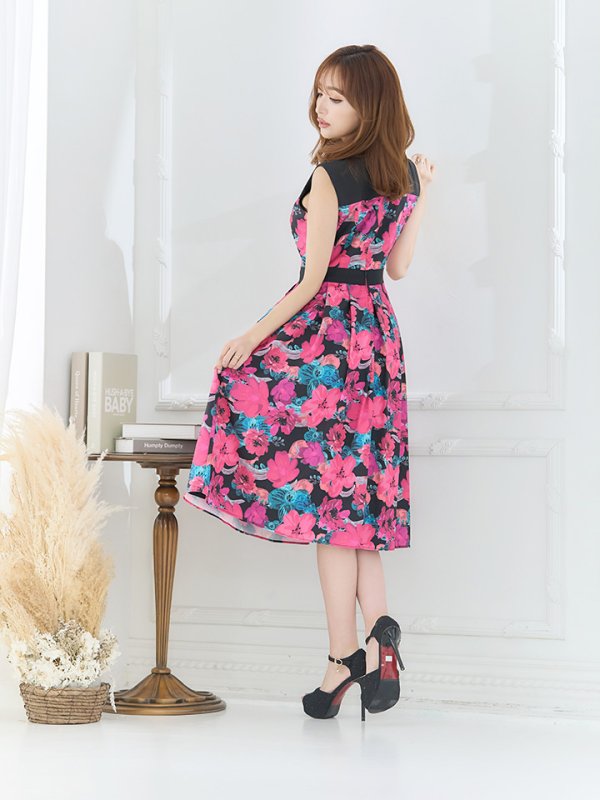 画像2: XS-Lサイズあり 【GINZA COUTURE/銀座クチュール】フラワープリント/ ハイウエスト/ ノースリーブ/ フレア/ Aライン/ ひざ丈/ ワンピース/ ミディアムドレス/ キャバドレス[OF2] (2)