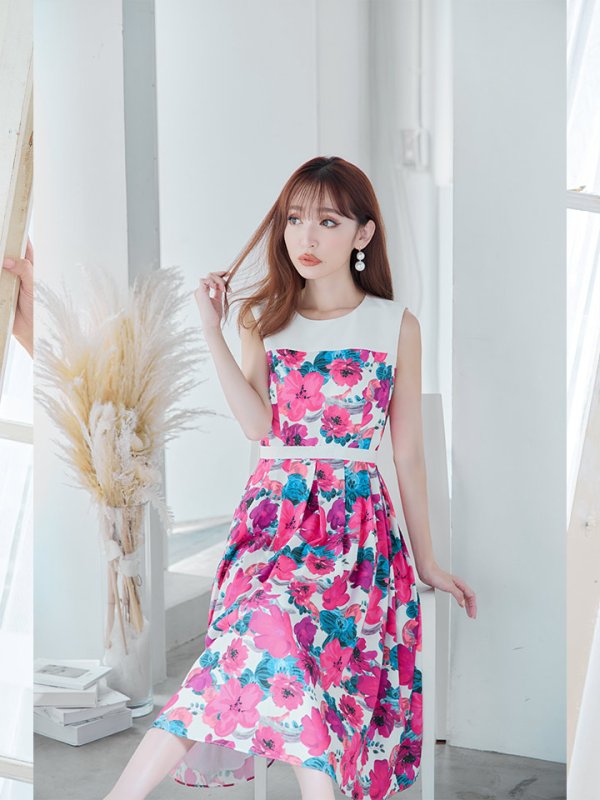 画像11: XS-Lサイズあり 【GINZA COUTURE/銀座クチュール】フラワープリント/ ハイウエスト/ ノースリーブ/ フレア/ Aライン/ ひざ丈/ ワンピース/ ミディアムドレス/ キャバドレス[OF2] (11)