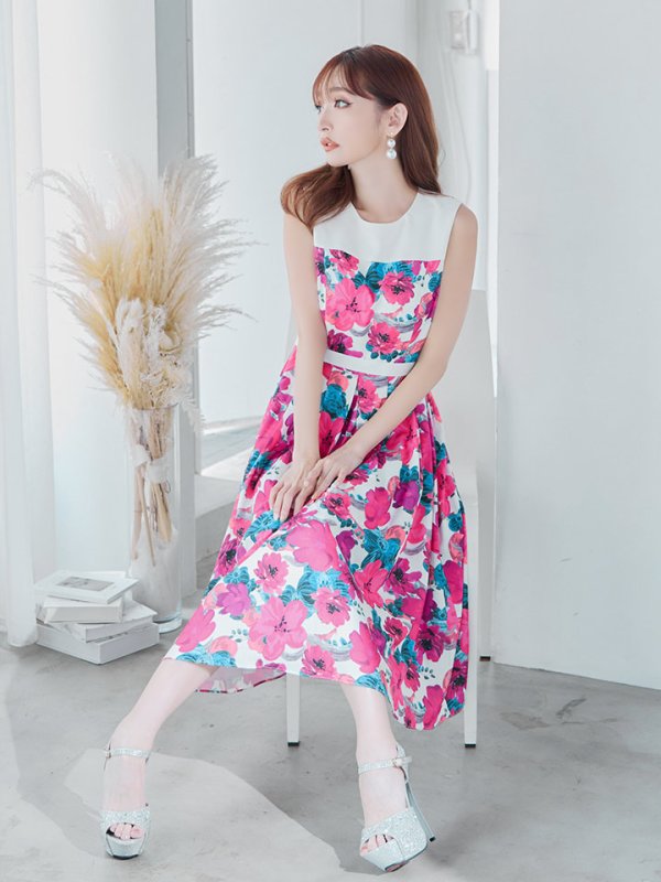 画像12: XS-Lサイズあり 【GINZA COUTURE/銀座クチュール】フラワープリント/ ハイウエスト/ ノースリーブ/ フレア/ Aライン/ ひざ丈/ ワンピース/ ミディアムドレス/ キャバドレス[OF2] (12)