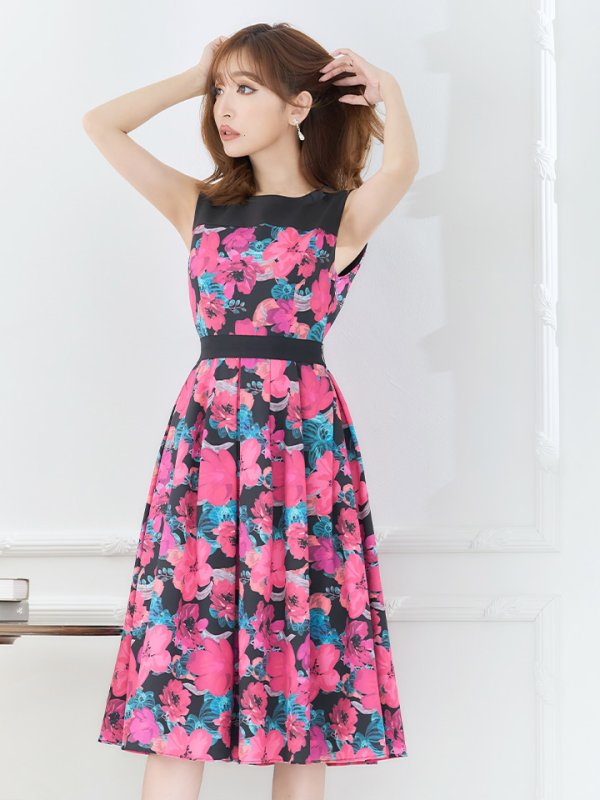 画像5: XS-Lサイズあり 【GINZA COUTURE/銀座クチュール】フラワープリント/ ハイウエスト/ ノースリーブ/ フレア/ Aライン/ ひざ丈/ ワンピース/ ミディアムドレス/ キャバドレス[OF2] (5)