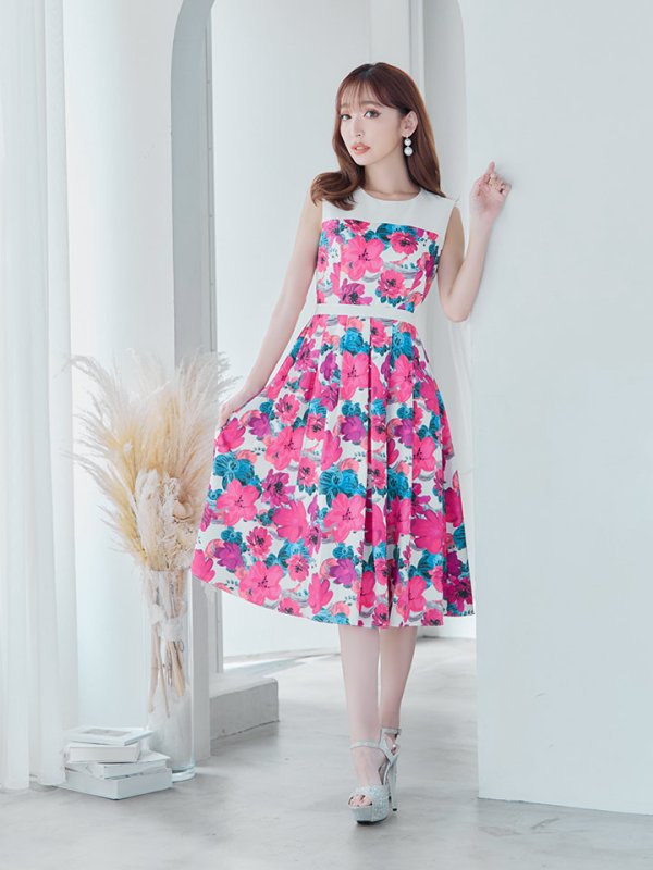 画像14: XS-Lサイズあり 【GINZA COUTURE/銀座クチュール】フラワープリント/ ハイウエスト/ ノースリーブ/ フレア/ Aライン/ ひざ丈/ ワンピース/ ミディアムドレス/ キャバドレス[OF2] (14)