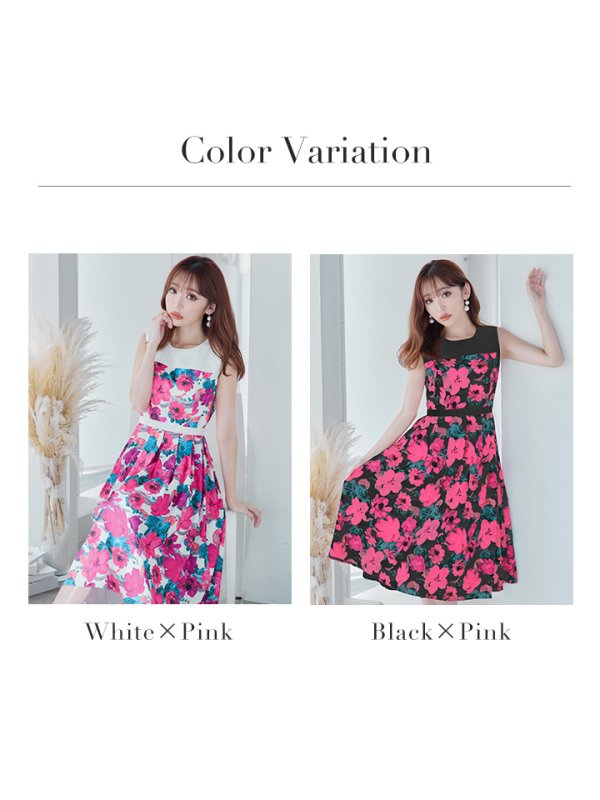 画像19: XS-Lサイズあり 【GINZA COUTURE/銀座クチュール】フラワープリント/ ハイウエスト/ ノースリーブ/ フレア/ Aライン/ ひざ丈/ ワンピース/ ミディアムドレス/ キャバドレス[OF2] (19)