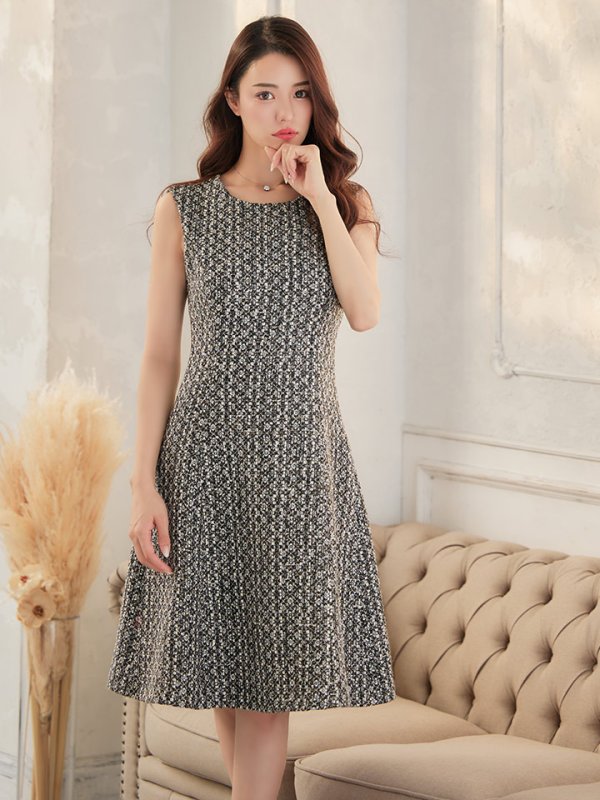 画像2: 【GINZA COUTURE/銀座クチュール】 ツイード/ ノースリーブ/ Aライン/ ワンピース/ ひざ丈/ ミディアムドレス/フレア/ キャバドレス[OF2] (2)
