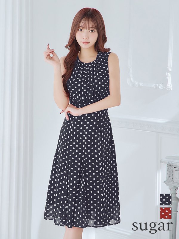 XS-Lサイズあり【GINZA COUTURE/銀座クチュール】ドット柄/ ノースリーブ/ 膝丈/ Aライン/ ワンピース/ ミディアムドレス/ キャバドレス　ネイビー
