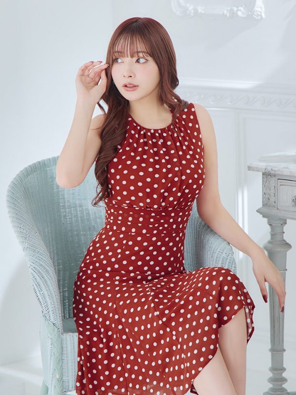 画像2: XS-Lサイズあり 【GINZA COUTURE/銀座クチュール】ドット柄/ ノースリーブ/ 膝丈/ Aライン/ ワンピース/ ミディアムドレス/ キャバドレス[OF2] (2)
