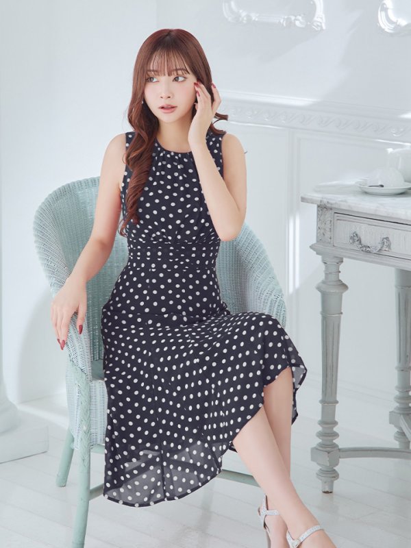 画像14: XS-Lサイズあり 【GINZA COUTURE/銀座クチュール】ドット柄/ ノースリーブ/ 膝丈/ Aライン/ ワンピース/ ミディアムドレス/ キャバドレス[OF2] (14)