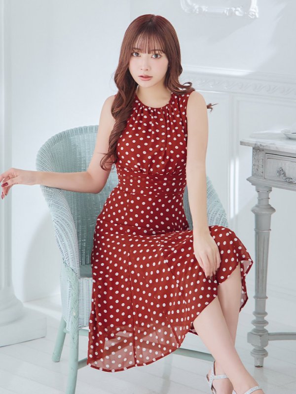 画像4: XS-Lサイズあり 【GINZA COUTURE/銀座クチュール】ドット柄/ ノースリーブ/ 膝丈/ Aライン/ ワンピース/ ミディアムドレス/ キャバドレス[OF2] (4)