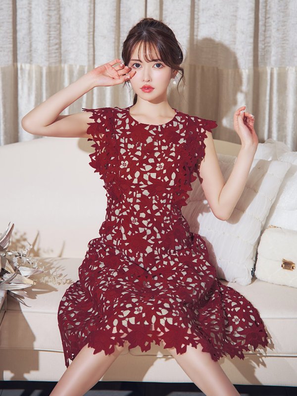 画像23: XS-Lサイズあり 【GINZA COUTURE/銀座クチュール】レース/ ワンカラー/ ノースリーブ/ Aライン/ フレア/ 膝丈/ ミディアムドレス/ キャバドレス[OF2] (23)