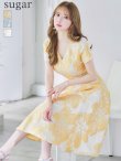 XS-Lサイズあり【GINZA COUTURE/銀座クチュール】フラワージャガード/ 半袖/ 袖あり/ フレア/ ミモレ丈/ ワンピース/ ミディアムドレス/ キャバドレス　イエロー