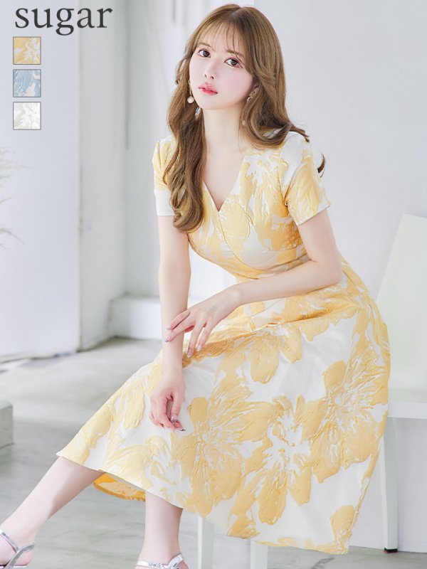 XS-Lサイズあり【GINZA COUTURE/銀座クチュール】フラワージャガード/ 半袖/ 袖あり/ フレア/ ミモレ丈/ ワンピース/ ミディアムドレス/ キャバドレス　イエロー
