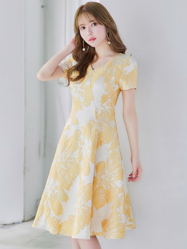 画像2: XS-Lサイズあり 【GINZA COUTURE/銀座クチュール】フラワージャガード/ 半袖/ 袖あり/ フレア/ ミモレ丈/ ワンピース/ ミディアムドレス/ キャバドレス[OF2] (2)