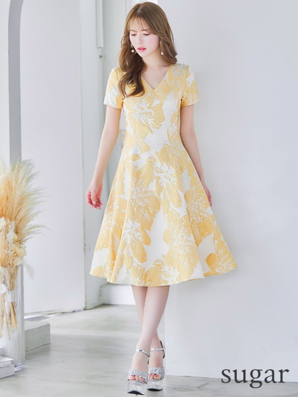 画像7: XS-Lサイズあり 【GINZA COUTURE/銀座クチュール】フラワージャガード/ 半袖/ 袖あり/ フレア/ ミモレ丈/ ワンピース/ ミディアムドレス/ キャバドレス[OF2] (7)