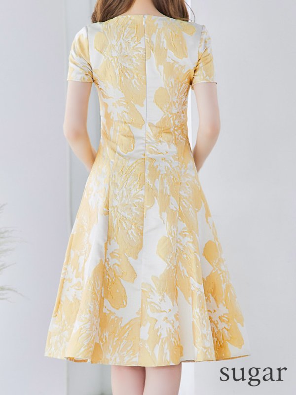 画像9: XS-Lサイズあり 【GINZA COUTURE/銀座クチュール】フラワージャガード/ 半袖/ 袖あり/ フレア/ ミモレ丈/ ワンピース/ ミディアムドレス/ キャバドレス[OF2] (9)