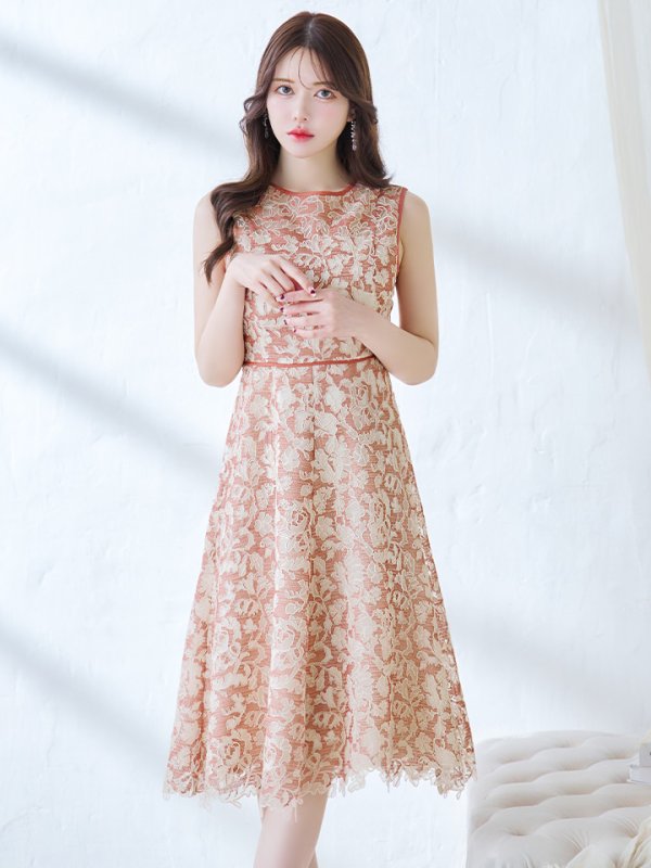 画像2: XSサイズあり 【GINZA COUTURE/銀座クチュール】フラワーレース/ ボートネック/ ノースリーブ/ Aライン/ フレア/ ワンピース/ ミディアムドレス/ キャバドレス[OF2] (2)