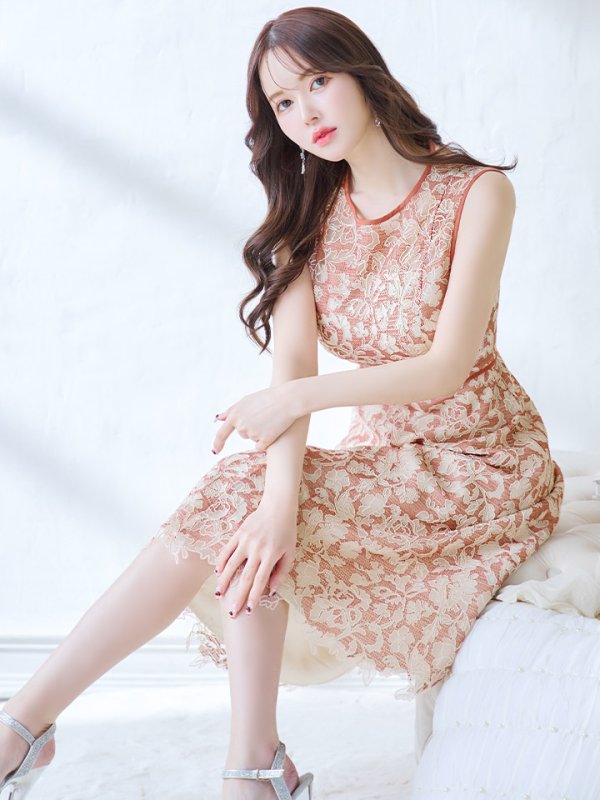 画像3: XSサイズあり 【GINZA COUTURE/銀座クチュール】フラワーレース/ ボートネック/ ノースリーブ/ Aライン/ フレア/ ワンピース/ ミディアムドレス/ キャバドレス[OF2] (3)