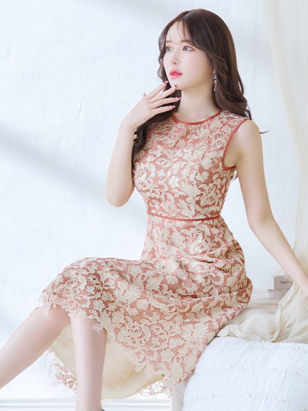 画像4: XSサイズあり 【GINZA COUTURE/銀座クチュール】フラワーレース/ ボートネック/ ノースリーブ/ Aライン/ フレア/ ワンピース/ ミディアムドレス/ キャバドレス[OF2] (4)