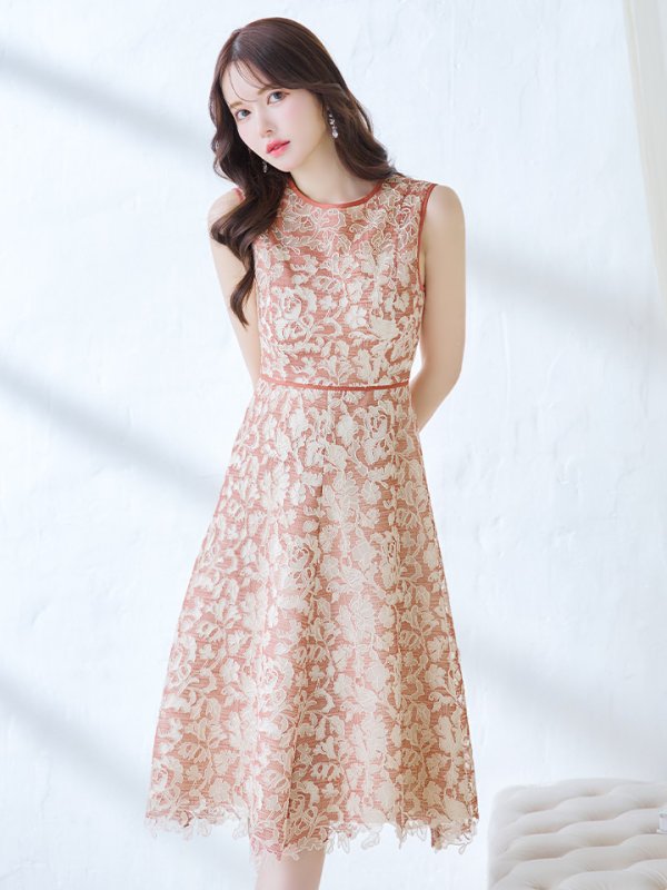 画像5: XSサイズあり 【GINZA COUTURE/銀座クチュール】フラワーレース/ ボートネック/ ノースリーブ/ Aライン/ フレア/ ワンピース/ ミディアムドレス/ キャバドレス[OF2] (5)