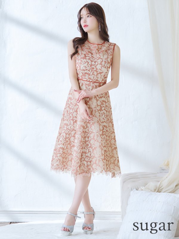 画像8: XSサイズあり 【GINZA COUTURE/銀座クチュール】フラワーレース/ ボートネック/ ノースリーブ/ Aライン/ フレア/ ワンピース/ ミディアムドレス/ キャバドレス[OF2] (8)