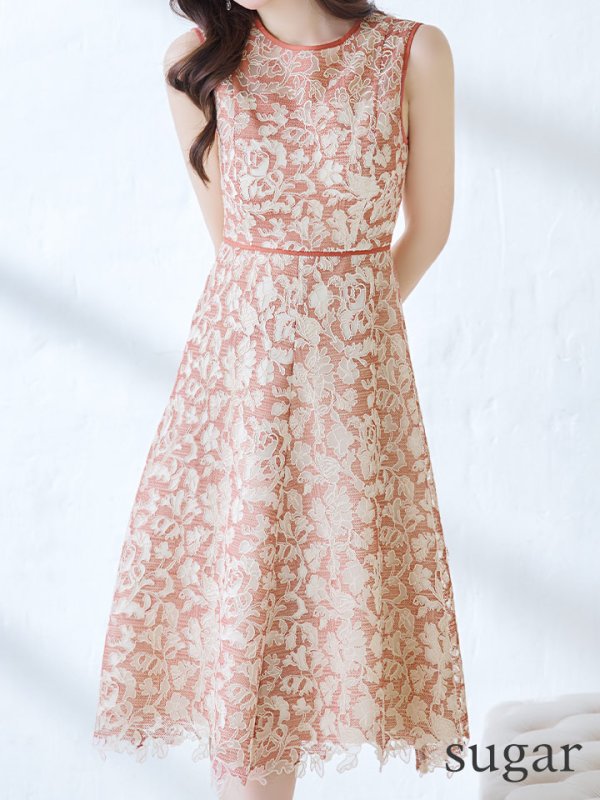 画像9: XSサイズあり 【GINZA COUTURE/銀座クチュール】フラワーレース/ ボートネック/ ノースリーブ/ Aライン/ フレア/ ワンピース/ ミディアムドレス/ キャバドレス[OF2] (9)