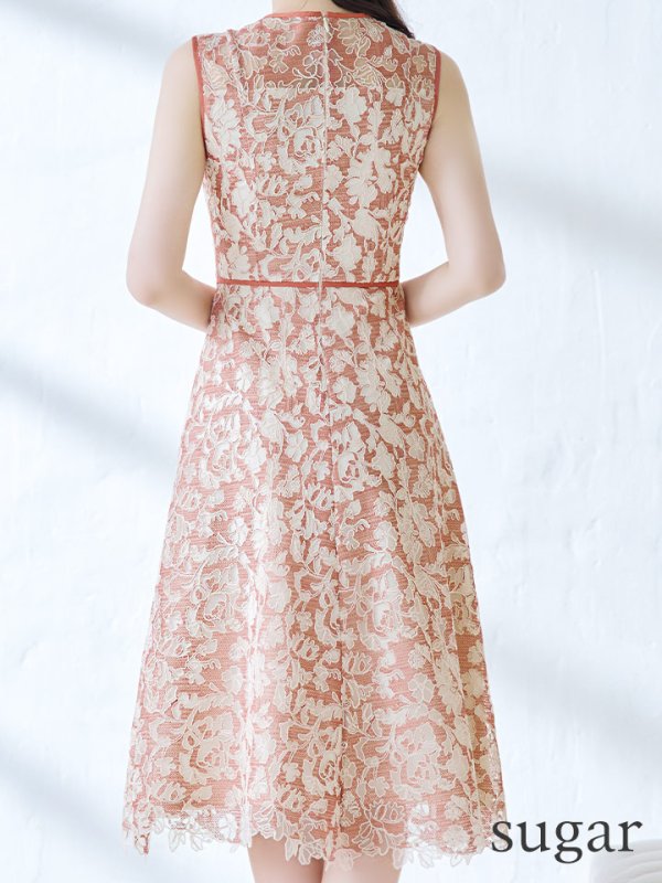 画像10: XSサイズあり 【GINZA COUTURE/銀座クチュール】フラワーレース/ ボートネック/ ノースリーブ/ Aライン/ フレア/ ワンピース/ ミディアムドレス/ キャバドレス[OF2] (10)