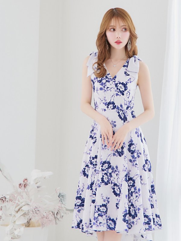画像3: XS-Lサイズあり 【GINZA COUTURE/銀座クチュール】フラワープリント/ ショルダーリボン/ ノースリーブ/ ひざ丈/ フレア/ Aライン/ ワンピース/ ミディアムドレス/ キャバドレス[OF2] (3)