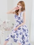 画像4: XS-Lサイズあり 【GINZA COUTURE/銀座クチュール】フラワープリント/ ショルダーリボン/ ノースリーブ/ ひざ丈/ フレア/ Aライン/ ワンピース/ ミディアムドレス/ キャバドレス[OF2] (4)