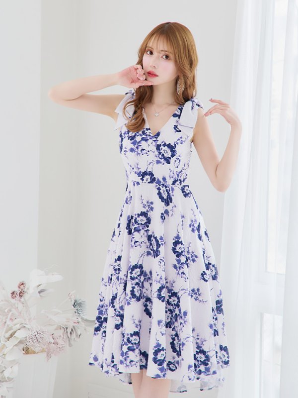 画像5: XS-Lサイズあり 【GINZA COUTURE/銀座クチュール】フラワープリント/ ショルダーリボン/ ノースリーブ/ ひざ丈/ フレア/ Aライン/ ワンピース/ ミディアムドレス/ キャバドレス[OF2] (5)