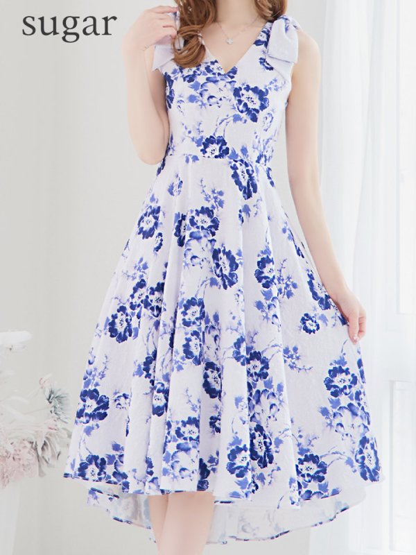 画像8: XS-Lサイズあり 【GINZA COUTURE/銀座クチュール】フラワープリント/ ショルダーリボン/ ノースリーブ/ ひざ丈/ フレア/ Aライン/ ワンピース/ ミディアムドレス/ キャバドレス[OF2] (8)