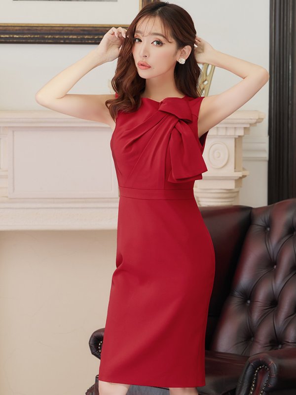 画像12: 【XS-Lサイズあり】 【GINZA COUTURE/銀座クチュール】シンプル/ ワンカラー/ ノースリーブ/ ショルダーリボン/ タイト/ 膝丈/ ミディアムドレス/ キャバドレス[OF2] (12)