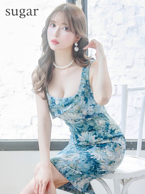 XS-Lサイズあり【GINZA COUTURE/銀座クチュール】フラワープリント/ スクエアネック/ ノースリーブ/ タイト/ 膝丈/ ミディアムドレス/ キャバドレス　ブルー