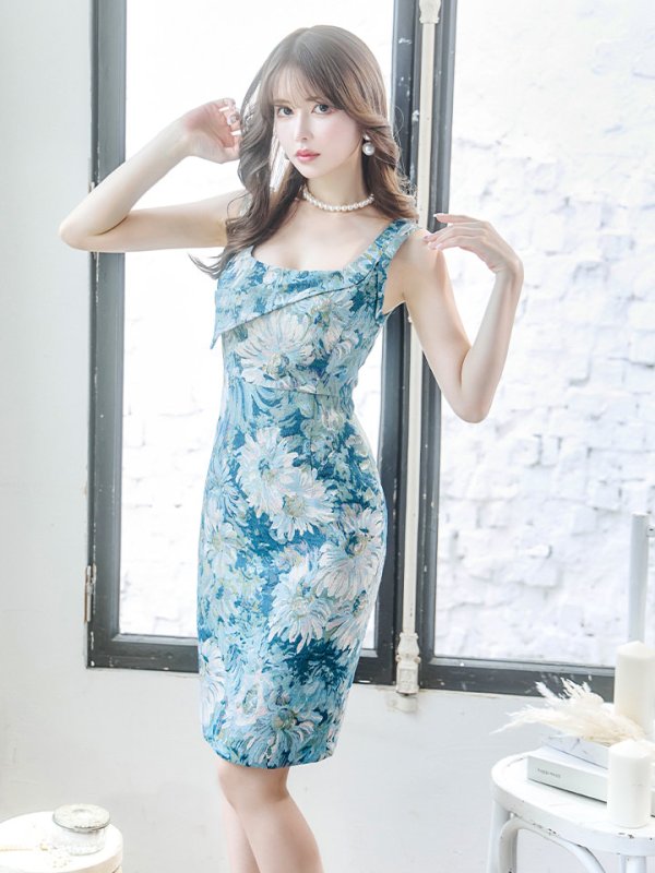 画像2: XS-Lサイズあり 【GINZA COUTURE/銀座クチュール】ヴィンテージフラワープリント/ スクエアネック/ ノースリーブ/ タイト/ 膝丈/ ミディアムドレス/ キャバドレス[OF2] (2)