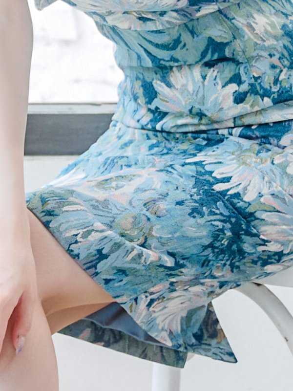 画像6: XS-Lサイズあり 【GINZA COUTURE/銀座クチュール】ヴィンテージフラワープリント/ スクエアネック/ ノースリーブ/ タイト/ 膝丈/ ミディアムドレス/ キャバドレス[OF2] (6)