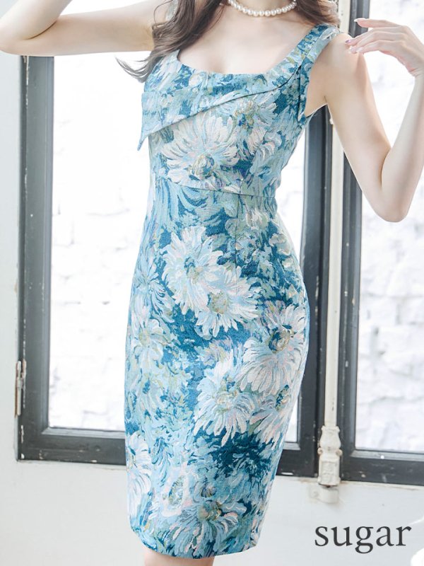 画像8: XS-Lサイズあり 【GINZA COUTURE/銀座クチュール】ヴィンテージフラワープリント/ スクエアネック/ ノースリーブ/ タイト/ 膝丈/ ミディアムドレス/ キャバドレス[OF2] (8)