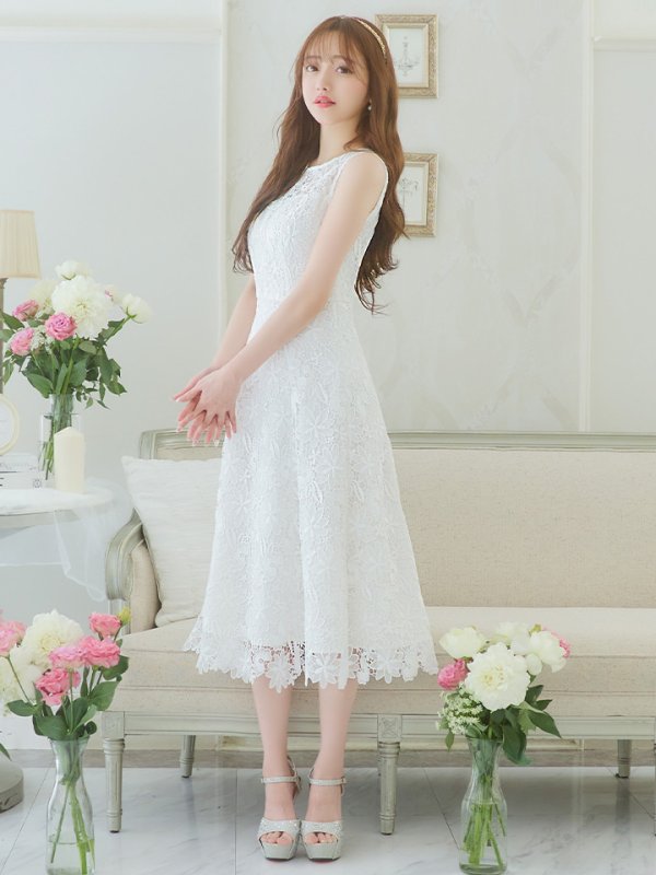 画像4: XS-Lサイズあり 【GINZA COUTURE/銀座クチュール】フラワーレース/ ワンカラー/ ノースリーブ/ ボートネック/ ウエストリボン/ ミディアム丈/ 膝丈/ Aライン/ フレア/ ワンピース/ ミディアムドレス/ キャバドレス[OF2] (4)