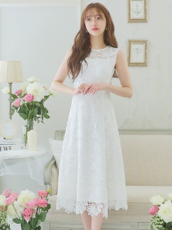 画像5: XS-Lサイズあり 【GINZA COUTURE/銀座クチュール】フラワーレース/ ワンカラー/ ノースリーブ/ ボートネック/ ウエストリボン/ ミディアム丈/ 膝丈/ Aライン/ フレア/ ワンピース/ ミディアムドレス/ キャバドレス[OF2] (5)