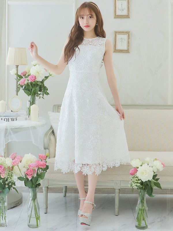 画像9: XS-Lサイズあり 【GINZA COUTURE/銀座クチュール】フラワーレース/ ワンカラー/ ノースリーブ/ ボートネック/ ウエストリボン/ ミディアム丈/ 膝丈/ Aライン/ フレア/ ワンピース/ ミディアムドレス/ キャバドレス[OF2] (9)