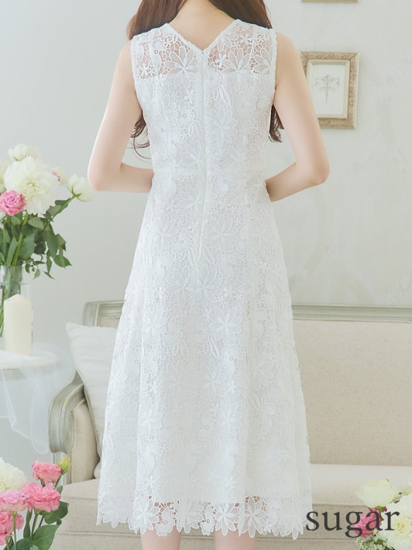 画像11: XS-Lサイズあり 【GINZA COUTURE/銀座クチュール】フラワーレース/ ワンカラー/ ノースリーブ/ ボートネック/ ウエストリボン/ ミディアム丈/ 膝丈/ Aライン/ フレア/ ワンピース/ ミディアムドレス/ キャバドレス[OF2] (11)