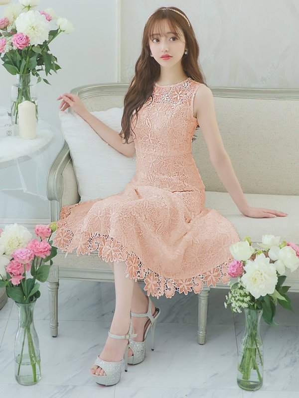 画像2: XS-Lサイズあり 【GINZA COUTURE/銀座クチュール】フラワーレース/ ワンカラー/ ノースリーブ/ ボートネック/ ウエストリボン/ ミディアム丈/ 膝丈/ Aライン/ フレア/ ワンピース/ ミディアムドレス/ キャバドレス[OF2] (2)