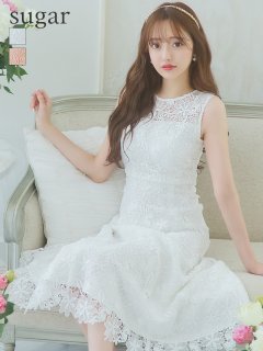 【GINZA COUTURE/銀座クチュール】フラワーレース/ ワンカラー/ ノースリーブ/ ボートネック/ ウエストリボン/ ミディアム丈/ 膝丈/ Aライン/ フレア/ ワンピース/ ミディアムドレス/ キャバドレ