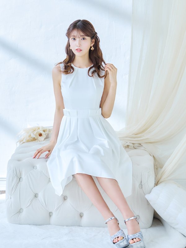 画像4: XS-Lサイズあり 【GINZA COUTURE/銀座クチュール】ワンカラー/ タック/ ノースリーブ/ プリーツ/ フレア/ ミディアム丈/ ワンピース/ ミディアムドレス/ キャバドレス[OF2] (4)