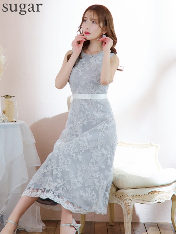 XS-Lサイズあり【GINZA COUTURE/銀座クチュール】フラワーレース/ ノースリーブ/ フレア/ Aライン/ ミディアム丈/ ワンピース/ ミディアムドレス/ キャバドレス グレーxホワイト