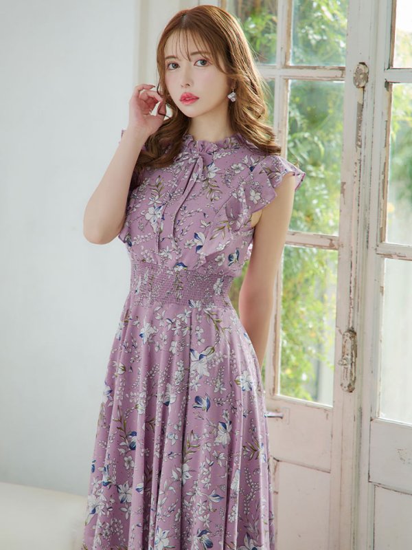 画像2: XS-Lサイズあり 【GINZA COUTURE/銀座クチュール】花柄/ リボン/ ハイネック/ ノースリーブ/ フリル/ フレア/ ミモレ丈/ ワンピース/ ミディアムドレス/ キャバドレス[OF2] (2)