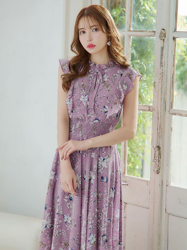 画像6: XS-Lサイズあり 【GINZA COUTURE/銀座クチュール】花柄/ リボン/ ハイネック/ ノースリーブ/ フリル/ フレア/ ミモレ丈/ ワンピース/ ミディアムドレス/ キャバドレス[OF2] (6)
