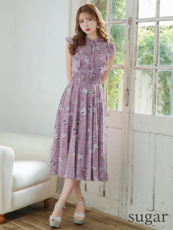 画像7: XS-Lサイズあり 【GINZA COUTURE/銀座クチュール】花柄/ リボン/ ハイネック/ ノースリーブ/ フリル/ フレア/ ミモレ丈/ ワンピース/ ミディアムドレス/ キャバドレス[OF2] (7)