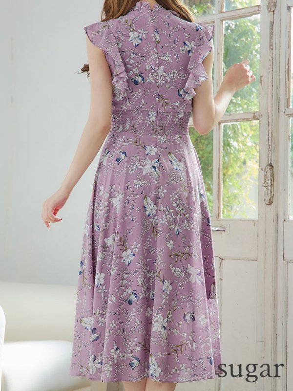 画像9: XS-Lサイズあり 【GINZA COUTURE/銀座クチュール】花柄/ リボン/ ハイネック/ ノースリーブ/ フリル/ フレア/ ミモレ丈/ ワンピース/ ミディアムドレス/ キャバドレス[OF2] (9)