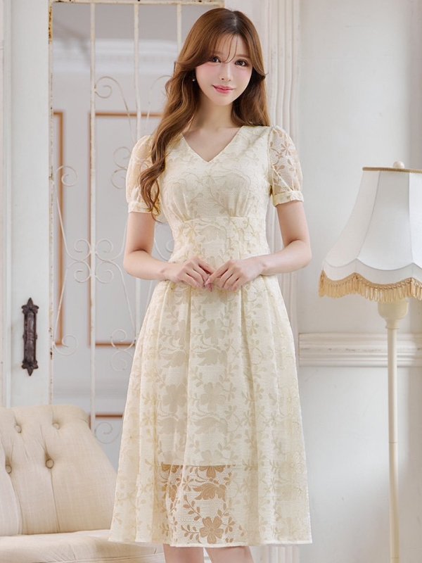 画像4: XS-Lサイズあり【GINZA COUTURE/銀座クチュール】総レース/ 半袖/ Aライン/ エレガント/ ミディアムドレス/ キャバドレス[OF2] (4)