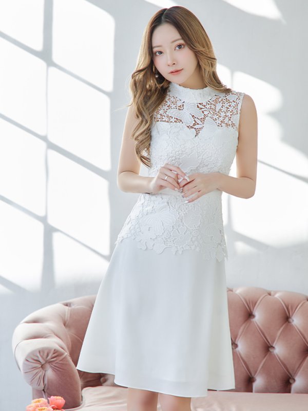 画像2: XS-Lサイズあり【SETTAN/セッタン】 バタフライ/ レース/ シンプル/ ワンカラー/ ハイネック/ ノースリーブ/ Aライン/ ワンピース/ ミニドレス/ キャバドレス[OF2] (2)