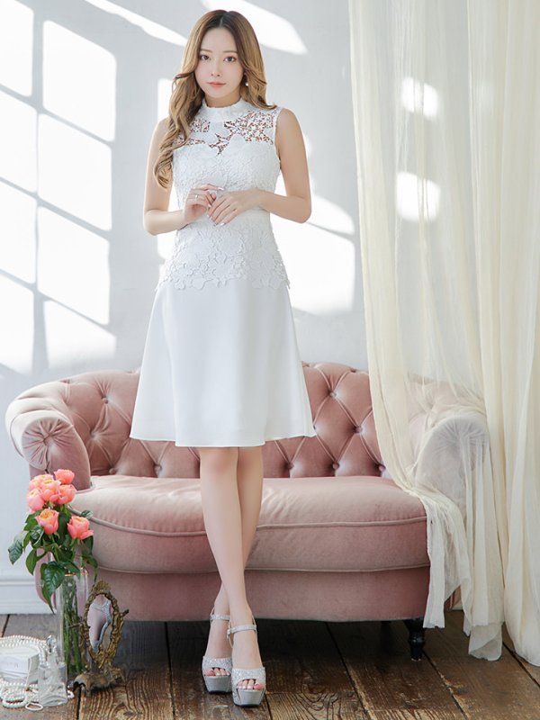 画像3: XS-Lサイズあり【SETTAN/セッタン】 バタフライ/ レース/ シンプル/ ワンカラー/ ハイネック/ ノースリーブ/ Aライン/ ワンピース/ ミニドレス/ キャバドレス[OF2] (3)